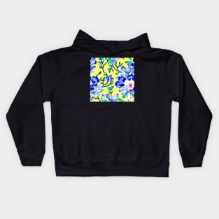 Blue flowers on yellow seamless pattern Kids Hoodie